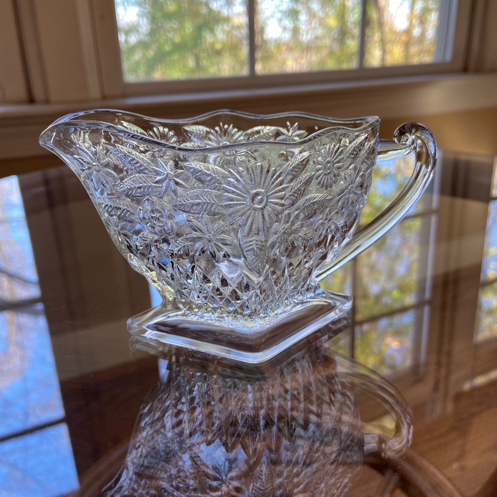 Indiana Glass open creamer pitcher in clear floral and pineapple pattern VINTAGE